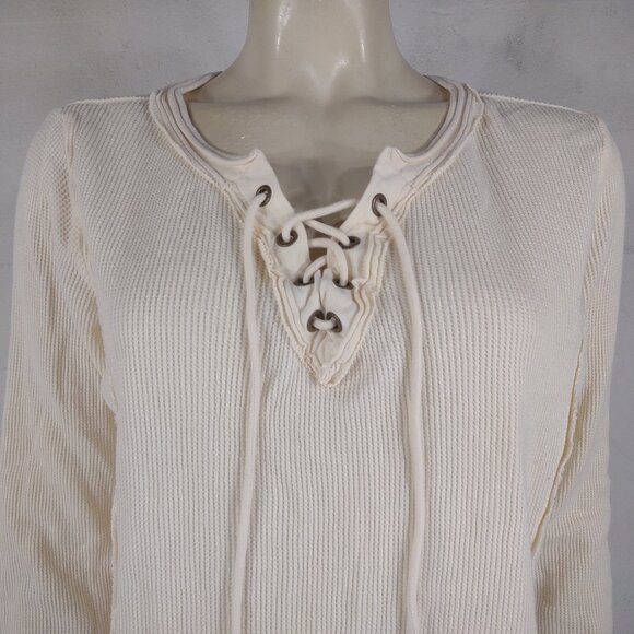 Sundance ivory 100% cotton long sleeve lace up V-Neck thermal shirt ladies Large - Picture 2 of 7
